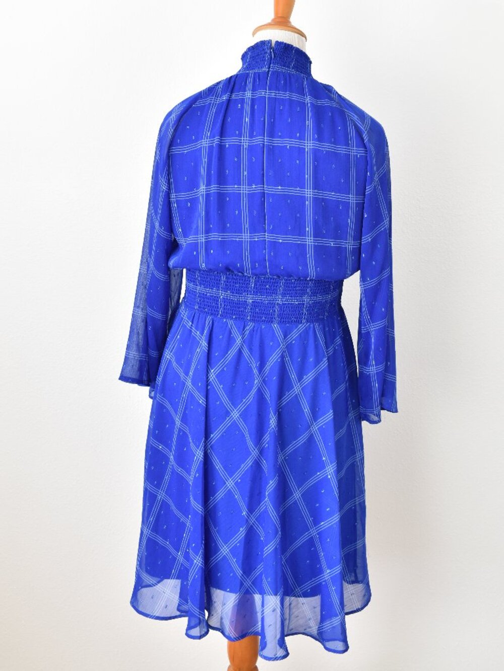 Calvin Klein Plaid Chiffon Mock Neck Smocked Detail Dress - 12 - Picture 5 of 13
